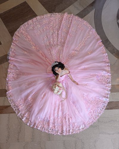 Quinceanera photography looking down at girl at city hall