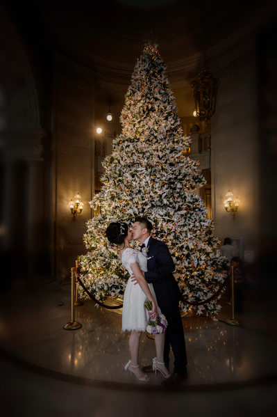 City Hall Wedding Photography Christmas Tree Kiss