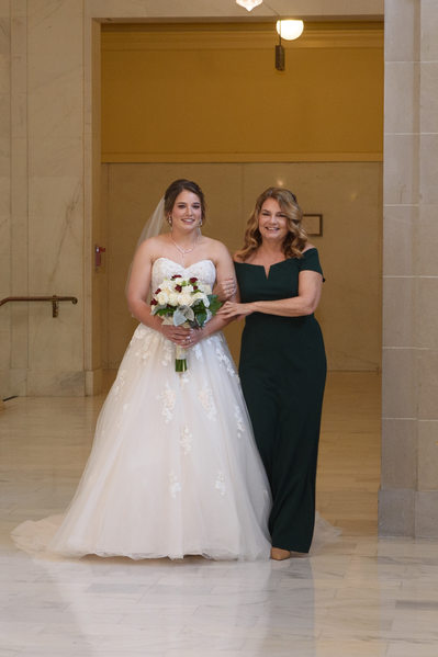 Bride with Mom Walking into City Hall Wedding Ceremony