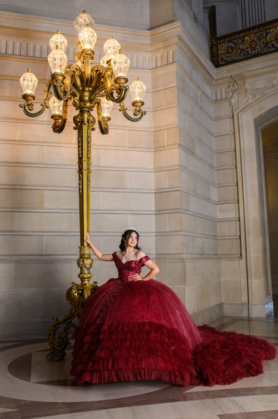 Beautiful red Quinceanera dress at San Francisco City Hal