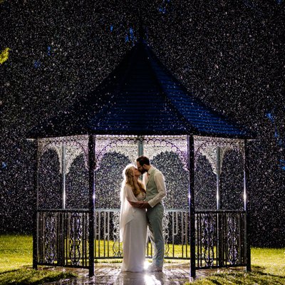 Night rain wedding photo Bredenbury Court Barns