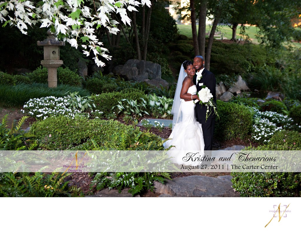 Wedding couple in Japanese Garden at the Carter Center