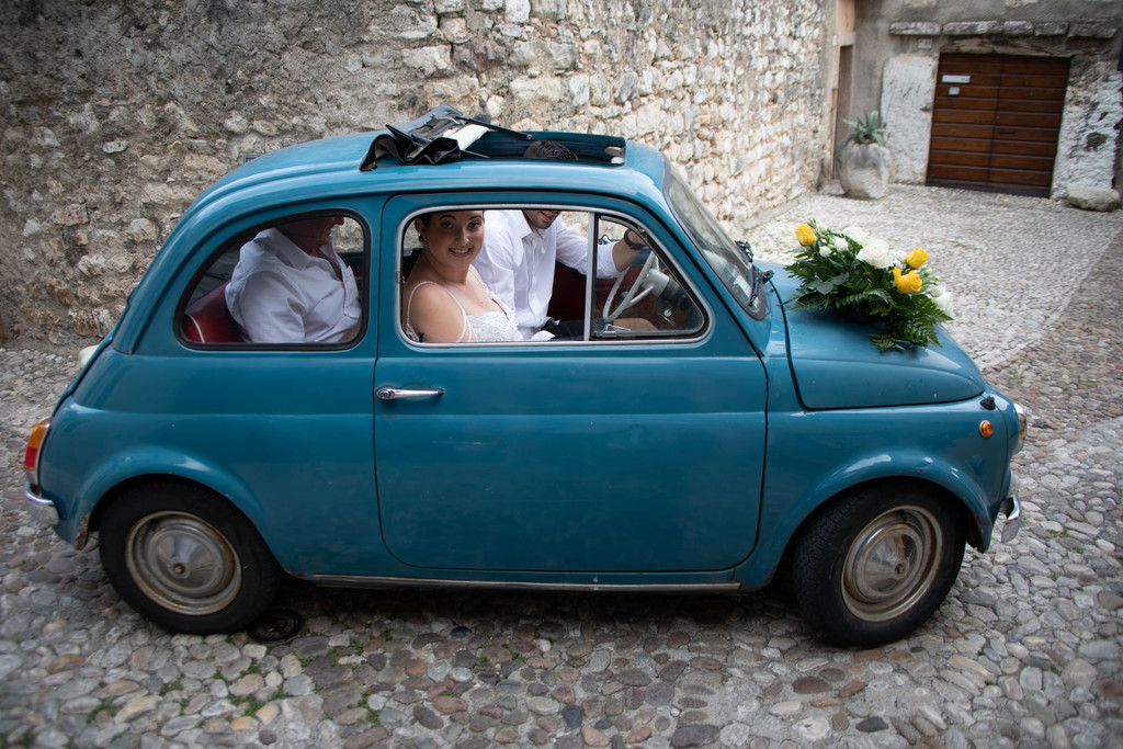Blue fiat 500 in Italy.