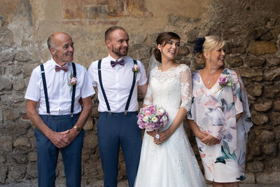 Happy family photo in Malcesine Castle on Lake Garda
