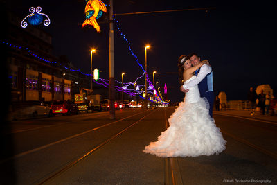 Wedding photograph with Blackpool Illuminations