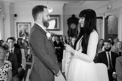 Bride reading vows, black & white wedding photography