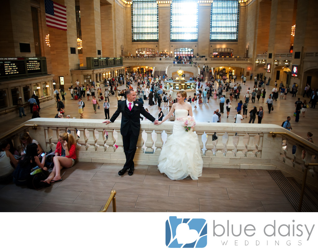 Bride and groom standing in Grand Central Terminal NYC