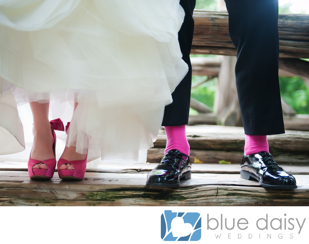 Hot pink fuchsia bridal shoes and groom socks