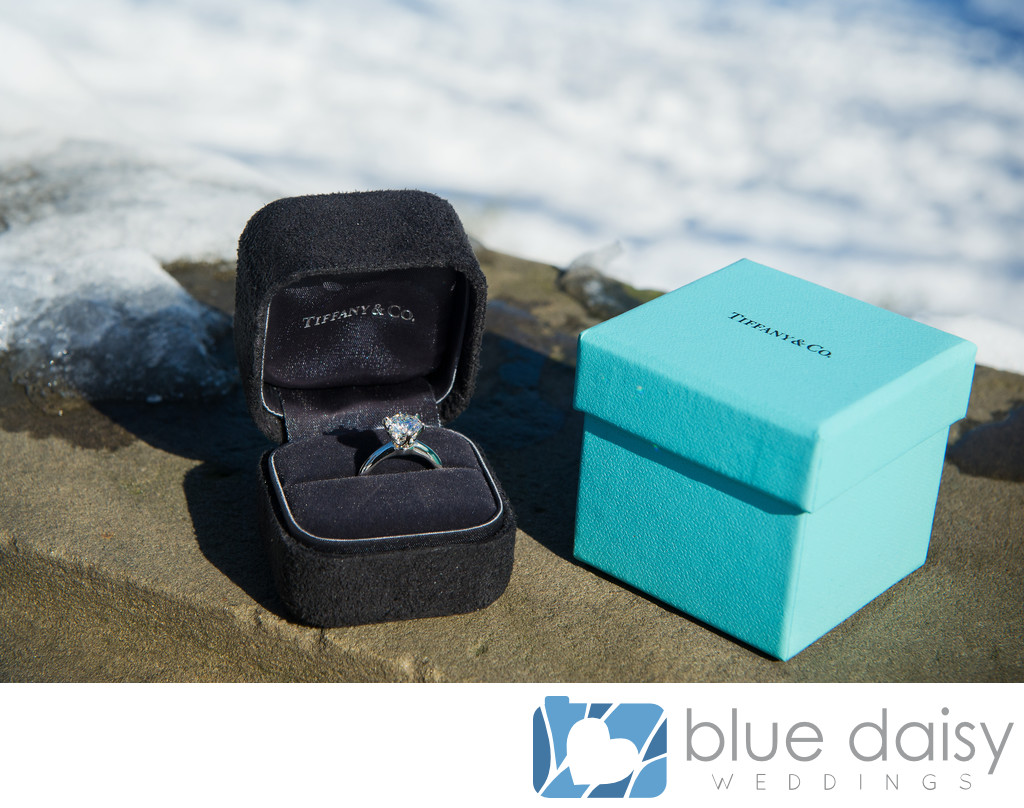 Robin egg blue Tiffany box and diamond engagement ring