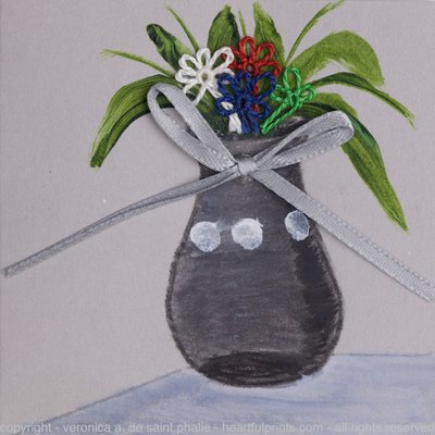 Gray Vase with Tatted Flowers and Gray Bow
