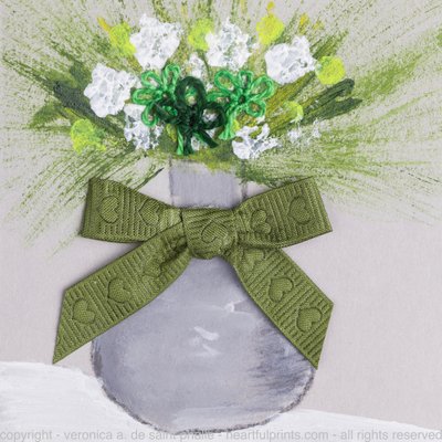 Gray Vase with Tatted Flowers Green Bow