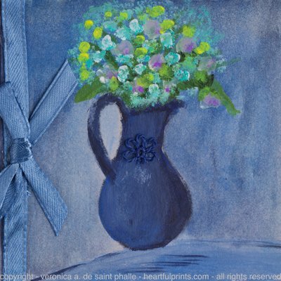 Deep Blue Pitcher with Flowers Blue Bow 