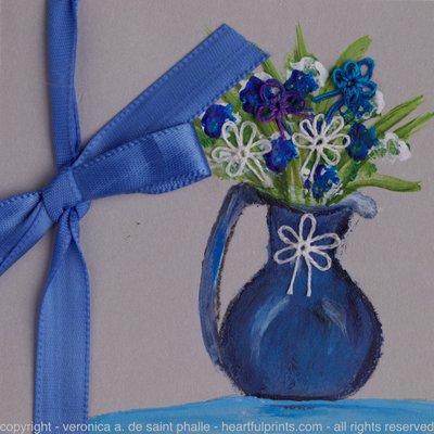 Blue Pitcher and Tatted Flowers and Blue Bow