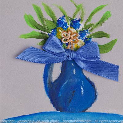 Blue Pitcher 'n Golden Tatted Flowers 'n Blue Bow