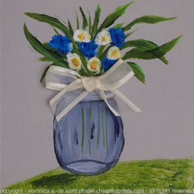 Blue Ball Jar with Ecru Bow and Flowers