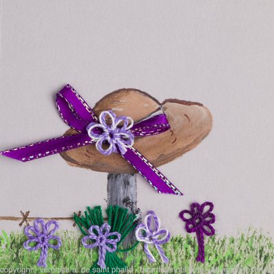 Summer Hat on Fence Post, Tatted Flowers 'n Purple Bow