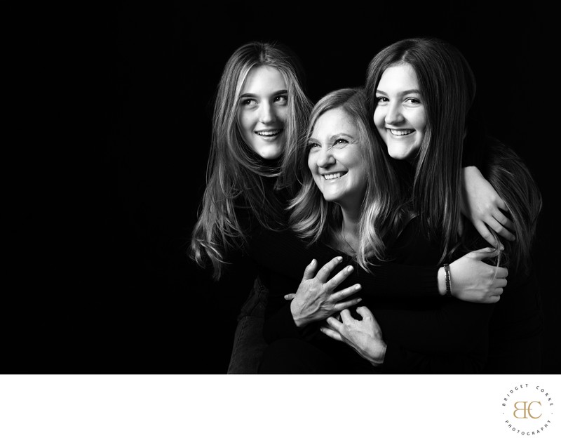 Lively Mother and Daughters Black and White Portrait