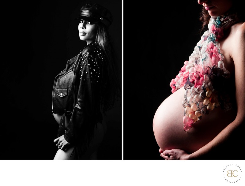 Contrasting Maternity Styles: Leather and Floral Scarf