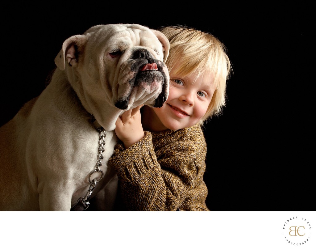 Joyful Moments with Boy and Bulldog - Family Portrait