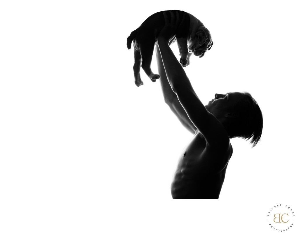 Joyful Lift - Silhouette of Man and Bulldog Puppy