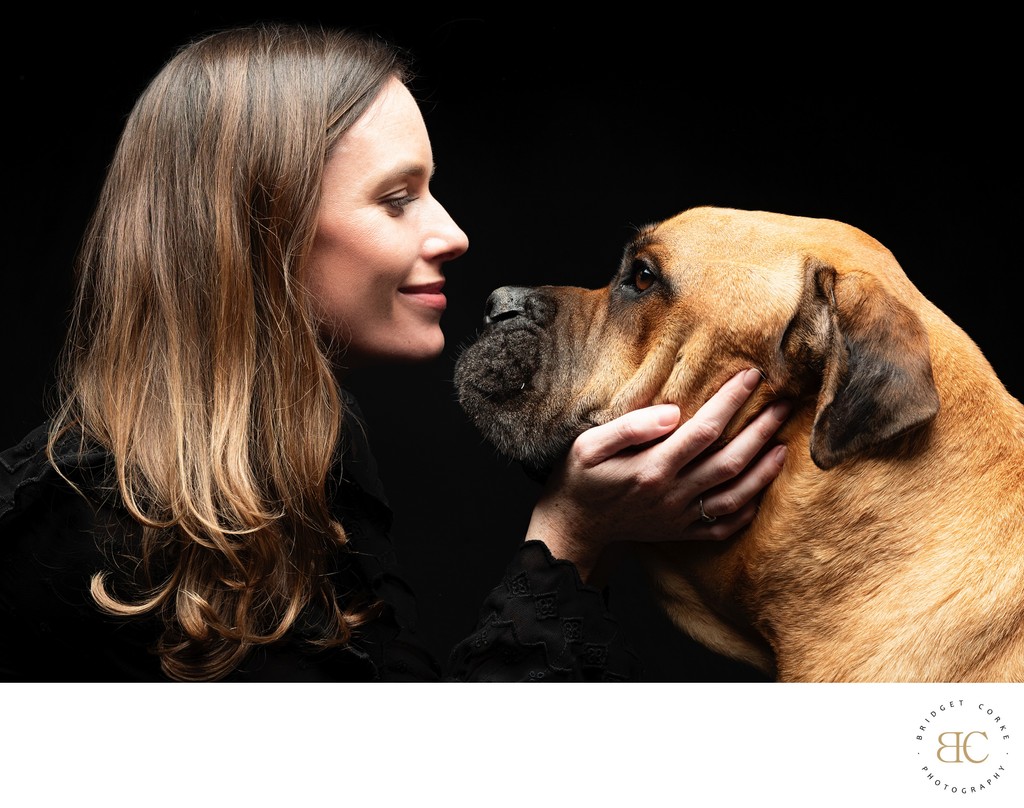 Tender Portrait of Woman and Bull Mastiff 