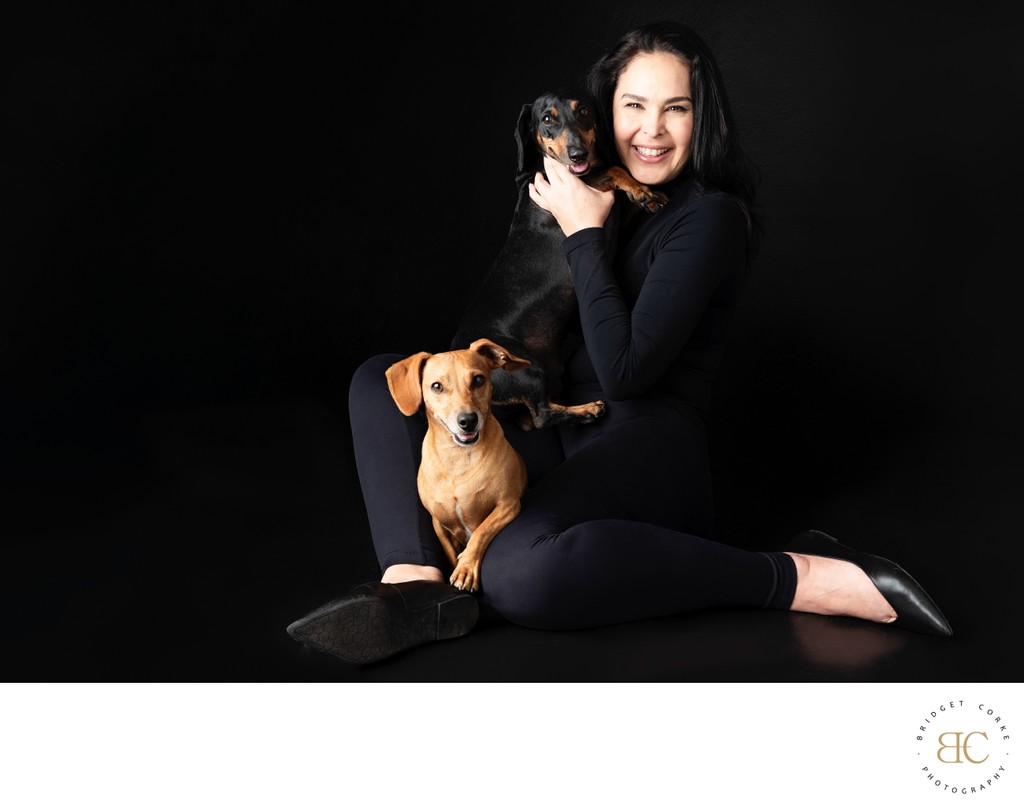 Portrait of Woman with Two Dachshunds