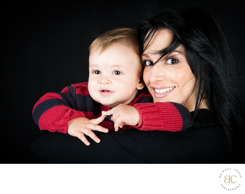 Smiling Mum and Baby in Red Striped Jumper