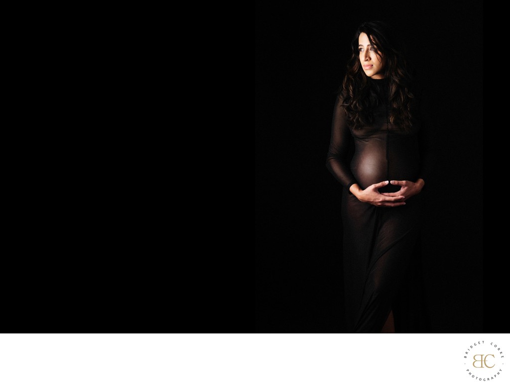 Classic Maternity Portrait in Sheer Black Gown