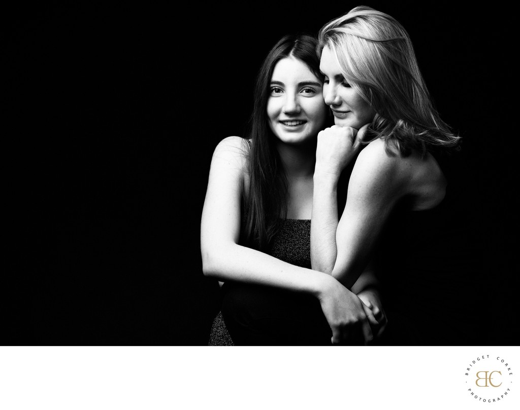 Mother and daughter in black and white