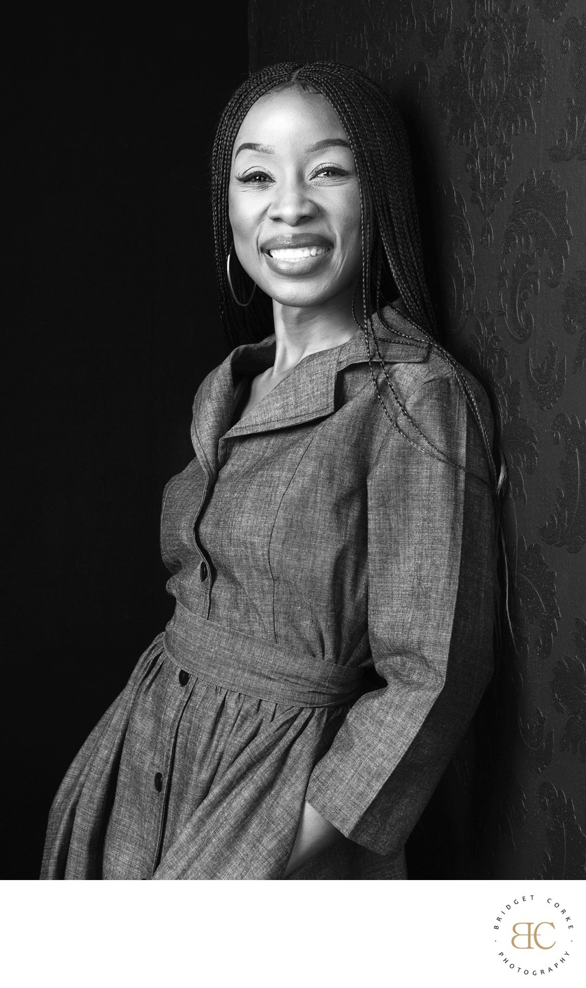 Elegant Black and White Portrait with a Joyful Smile