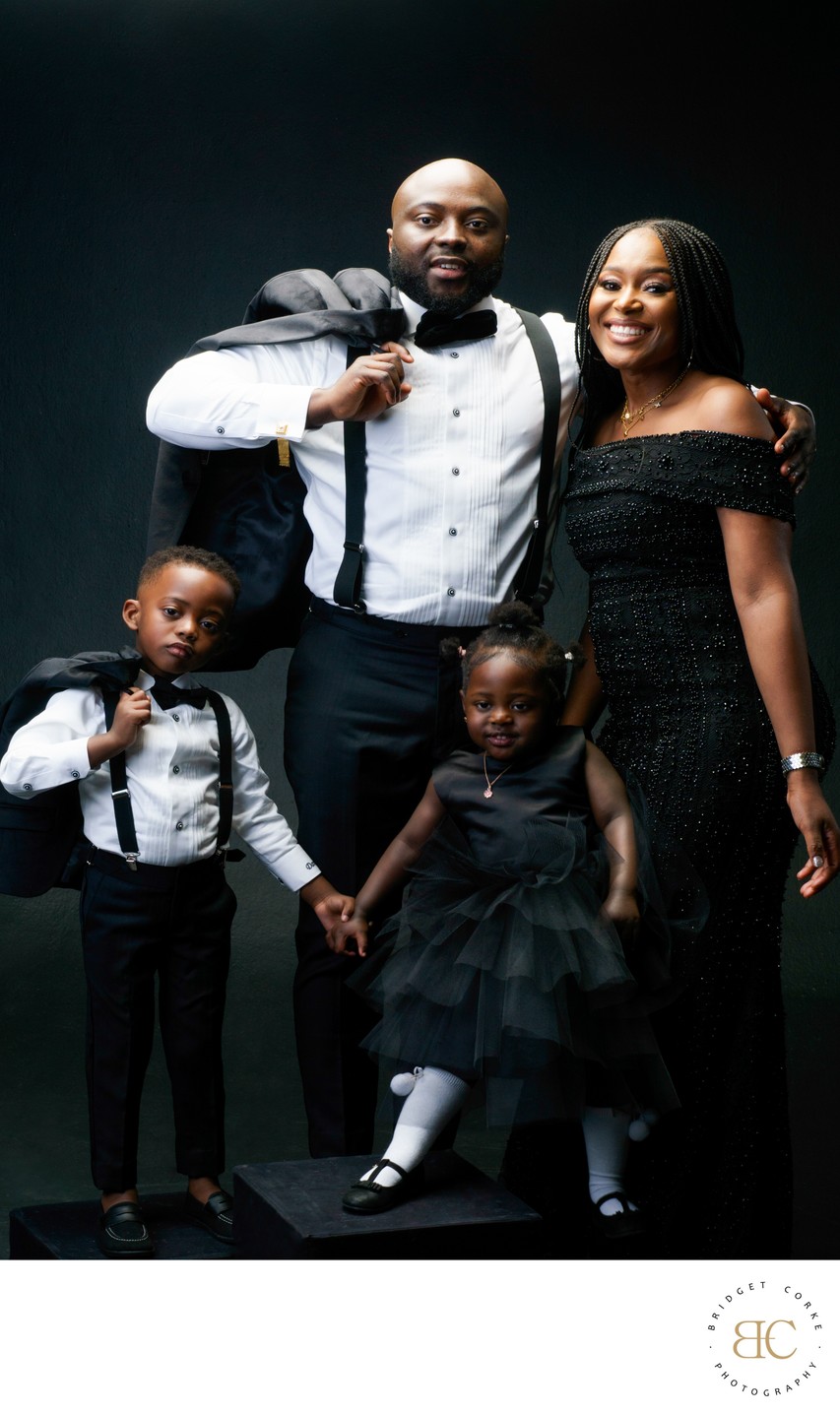 Elegant Family Portrait in Black-Tie Formal Attire