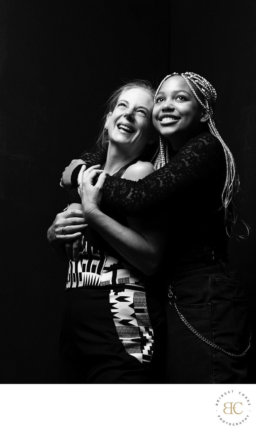 Joyful Mother and Daughter Black and White Portrait