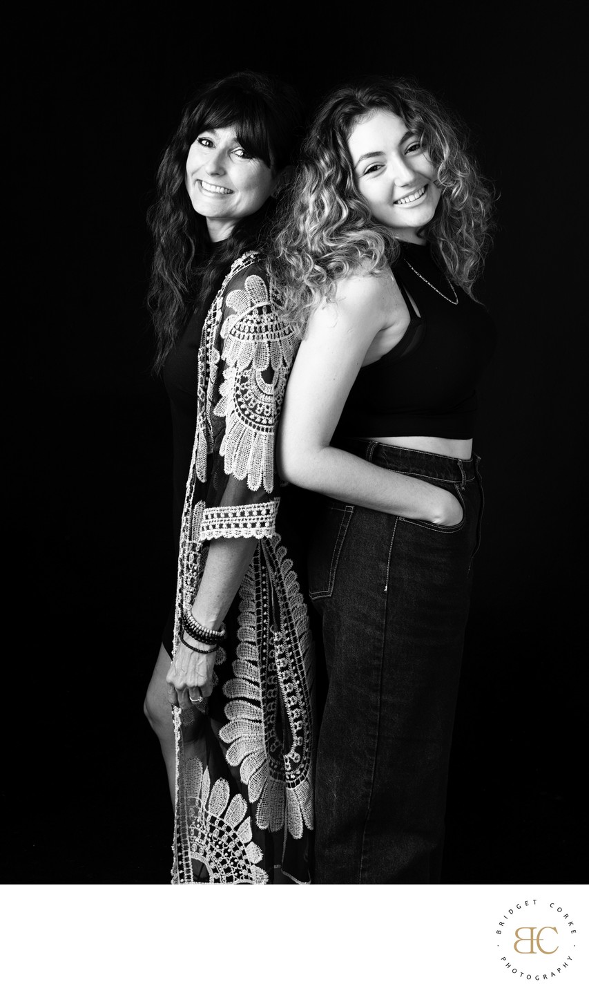 Stylish Mother and Daughter Black and White Portrait