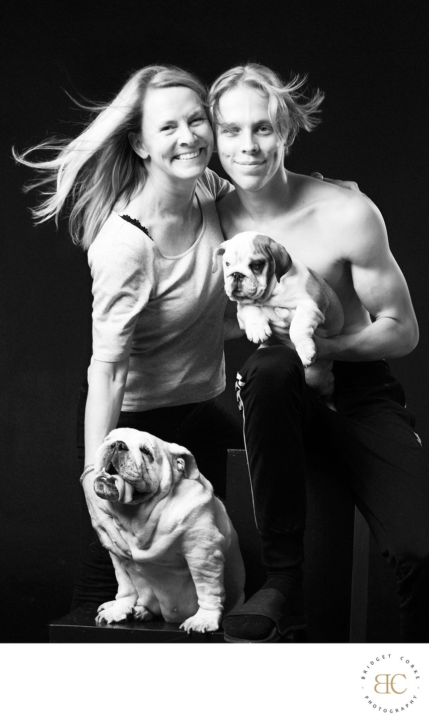 Family Black-and-White Bulldog Portrait