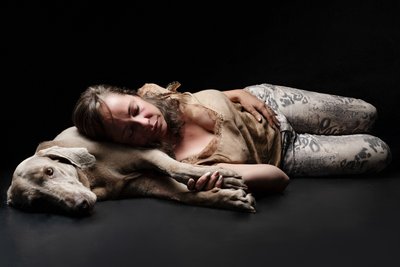 Sick Wiemaraner Resting With Woman