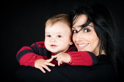 Smiling Mum and Baby in Red Striped Jumper