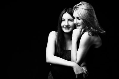 Mother and daughter in black and white