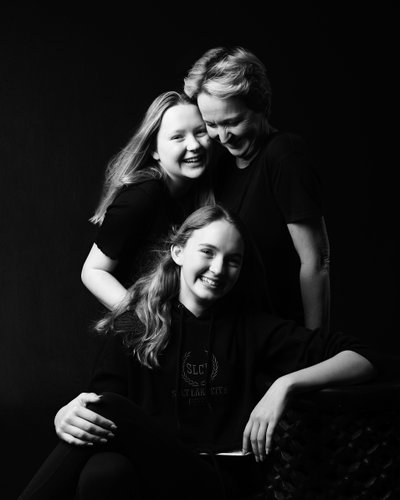 Joyful Mother and Daughters Black and White Portrait