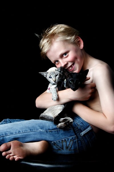 Boy With Siamese Black Oriental Kittens