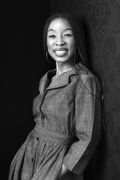 Elegant Black and White Portrait with a Joyful Smile