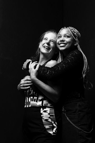 Joyful Mother and Daughter Black and White Portrait