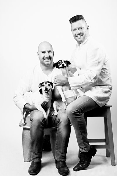 Modern Black-and-White Family Portrait with Dogs