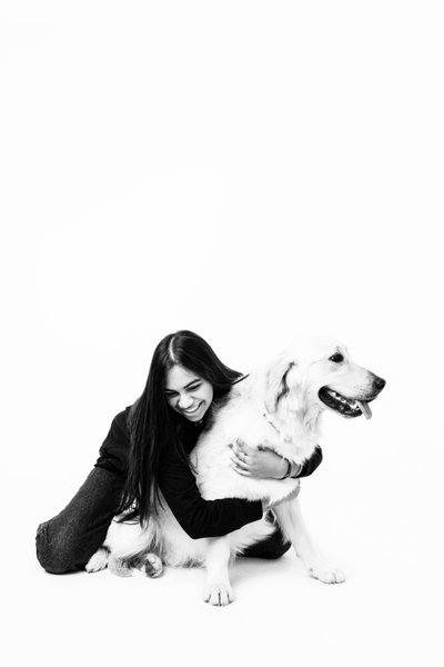 Black-and-White Portrait of Girl and Golden Retriever