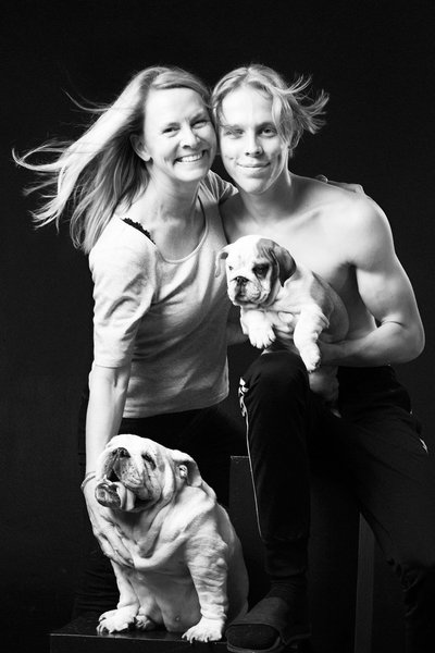 Family Black-and-White Bulldog Portrait