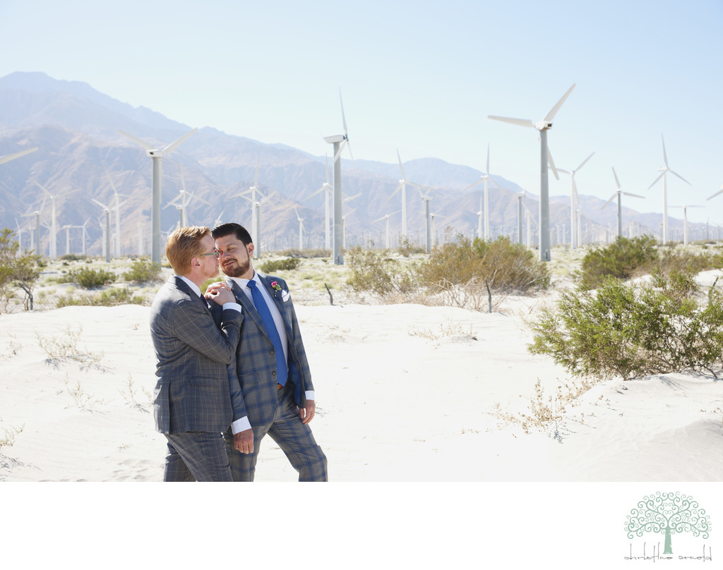 Desert wedding day portraits at Palm Springs Windmills