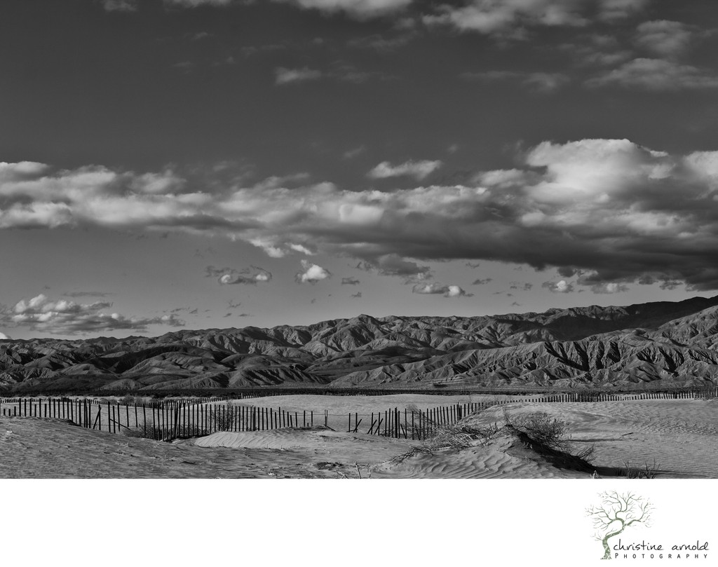 Moody black and white desert landscape photograph