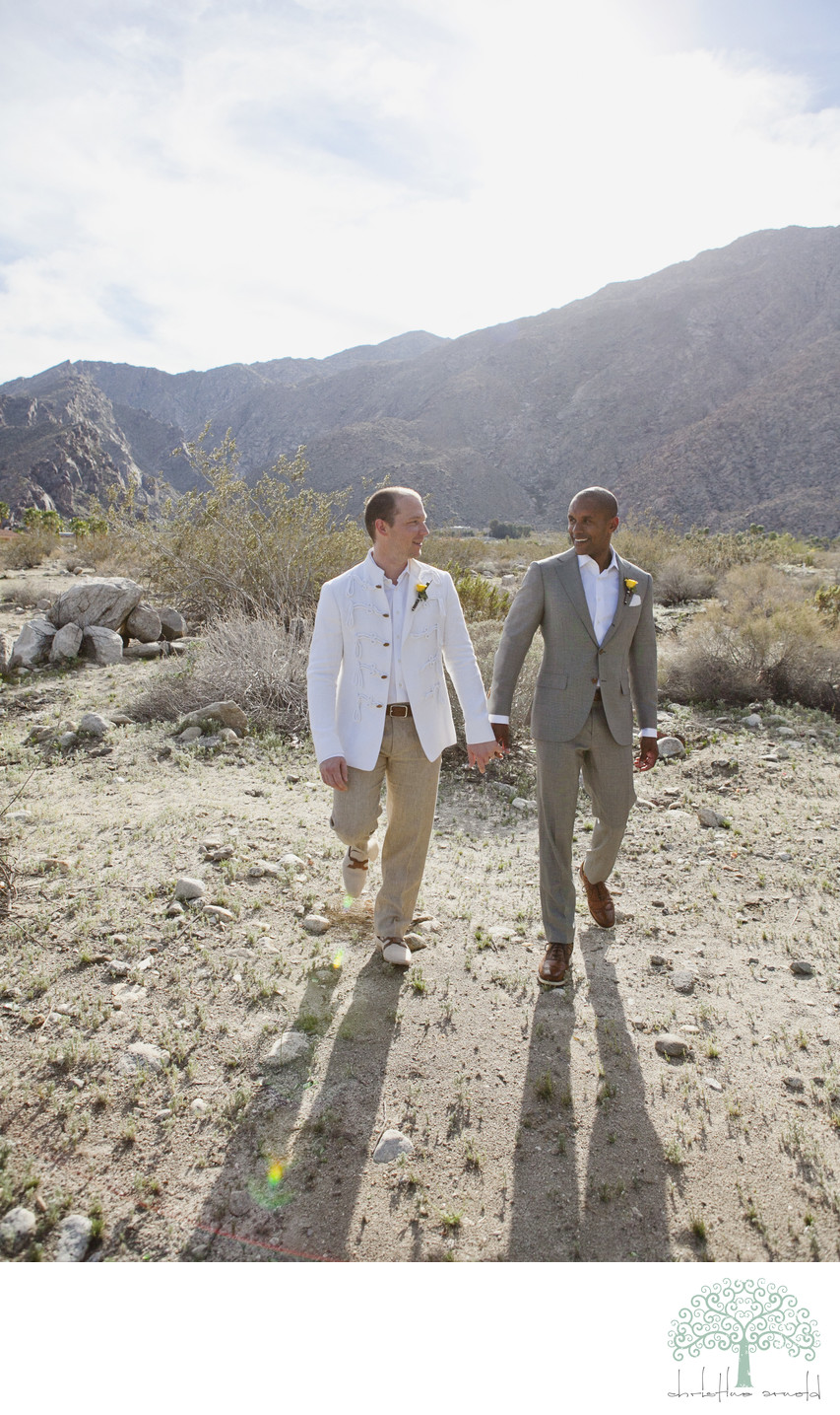 Two grooms wedding day portraits Palm Springs desert