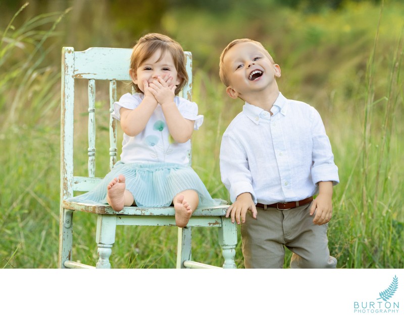 Children laughing outdoors, family portrait, Boone NC