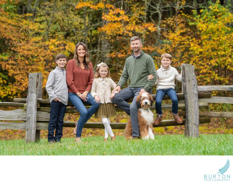 Family portrait in fall foliage with dog, Boone NC