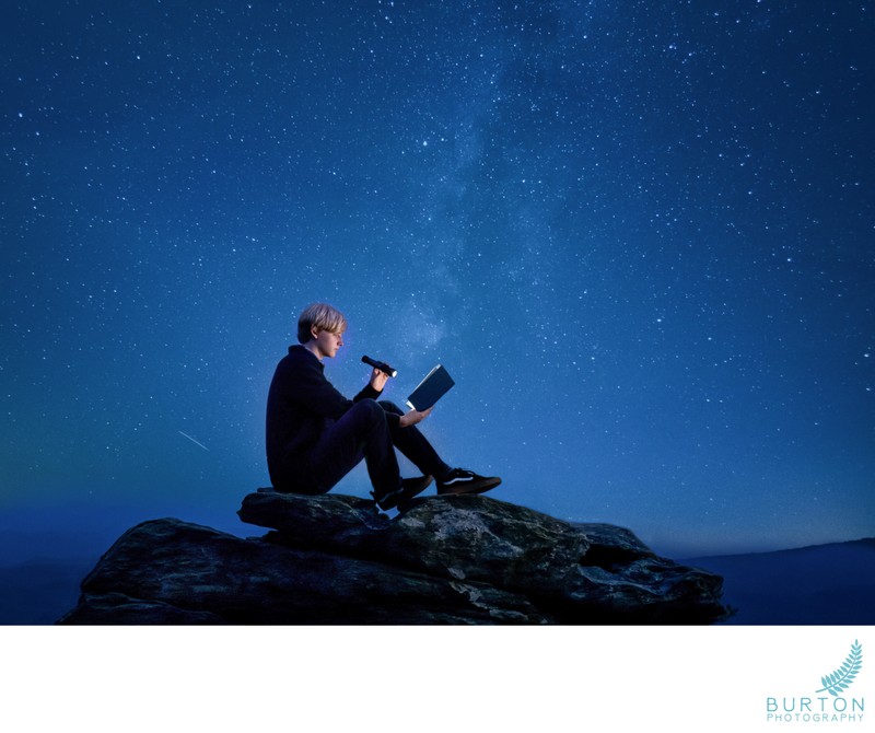 Senior portrait under Milky Way night sky, Boone NC